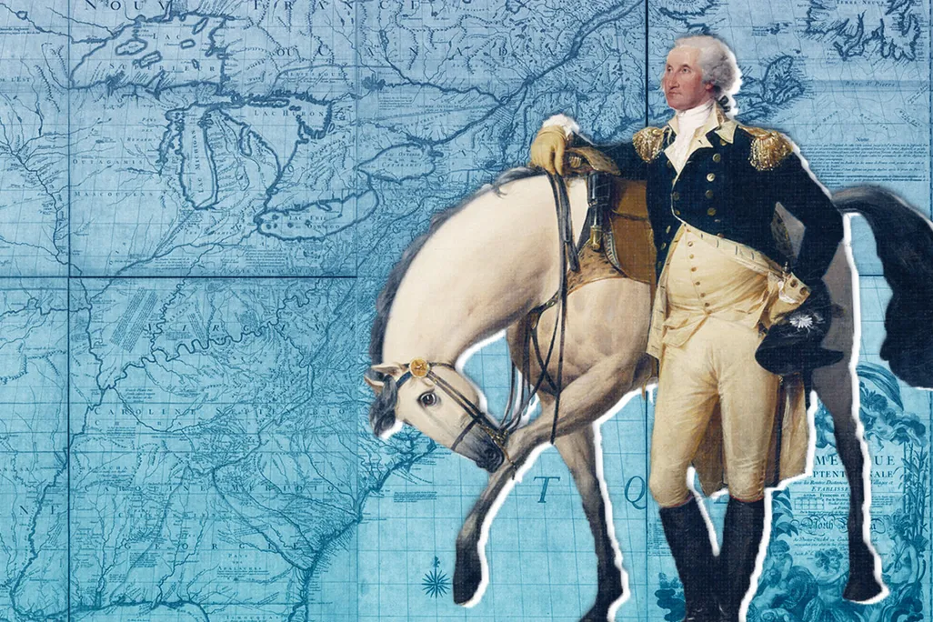 George Washington standing next to a horse in front of a map
