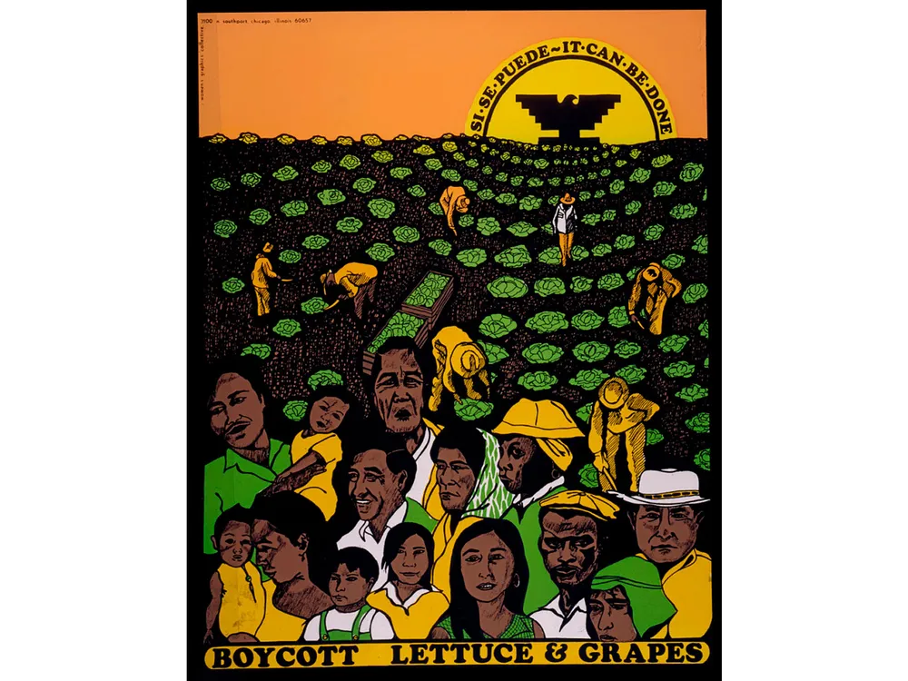 Poster of the bent figures of workers picking from rows of lettuce