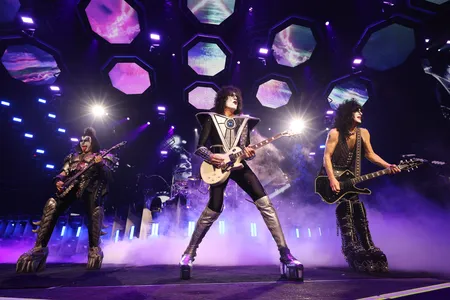 Gene Simmons, Tommy Thayer and Paul Stanley of Kiss perform at Madison Square Garden in New York City on December 2, 2023.

