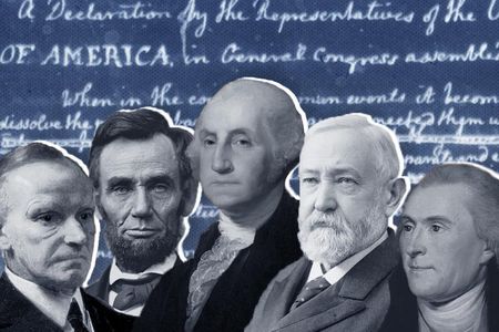 The Library of Congress recently completed a major digitization effort, making collections of 23 U.S. presidents' papers available online for study. From left: Calvin Coolidge, Abraham Lincoln, George Washington, Benjamin Harrison and Thomas Jefferson; behind: Jefferson's June 1776 draft of the Declaration of Independence