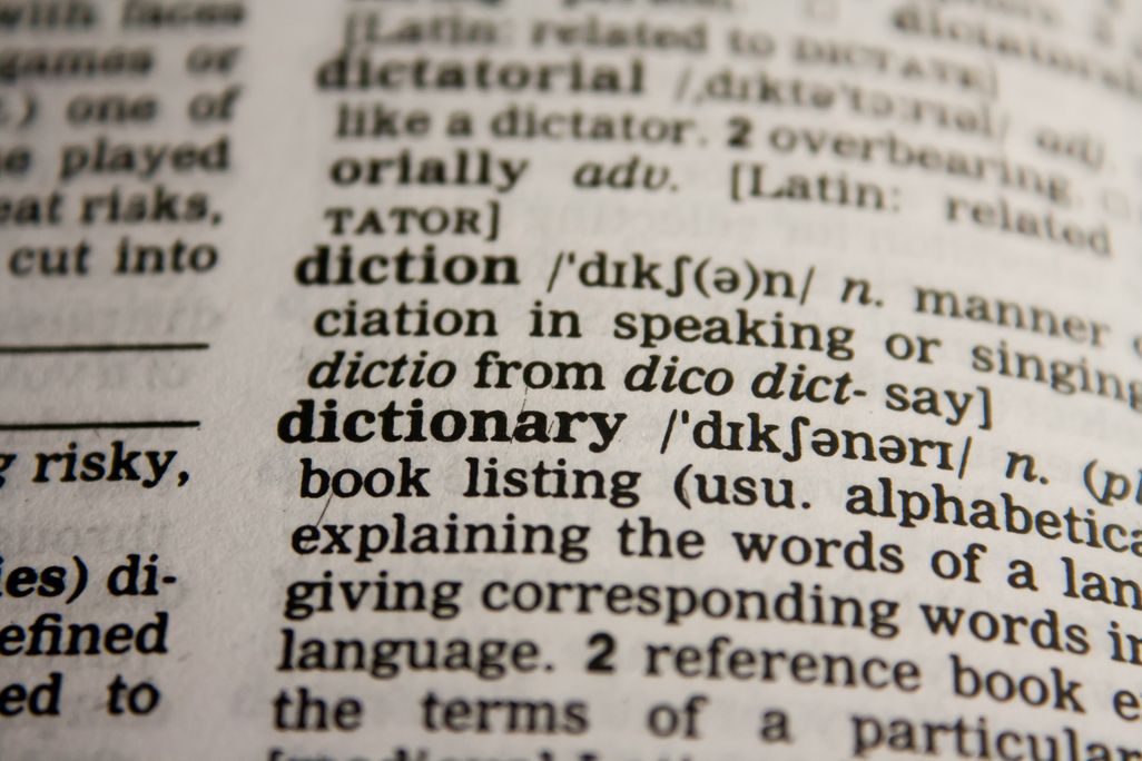 Close-up shot of the word "dictionary" and its definition on a page of text
