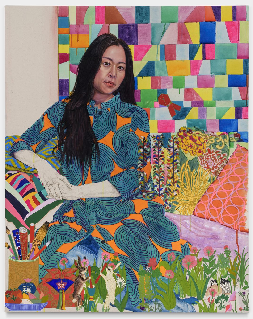 Kira Nam Greene, Kyung's Gift in Pojagi (from the series Women in Possession of Good Fortune, 2019, oil, gouache, colored pencil and acrylic ink on canvas