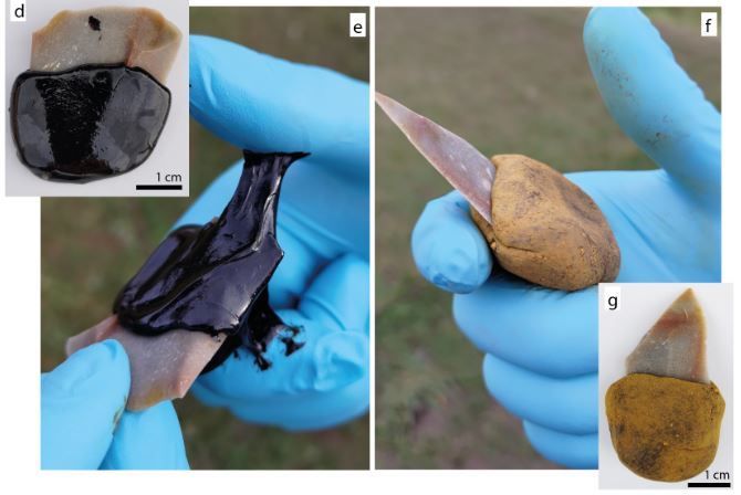 Top left: Black sticky bitumen is wrapped around the edge of a blade. Left: Gloved hands wrap the bitumen around a blade. Right: A gloved hand holds a handle made from bitumen and ochre, with a sharp blade affixed to it, like a knife, seen bottom right.