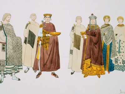 Emperor Justinian of the Byzantine and Empress Theodora could almost switch robes in this print
