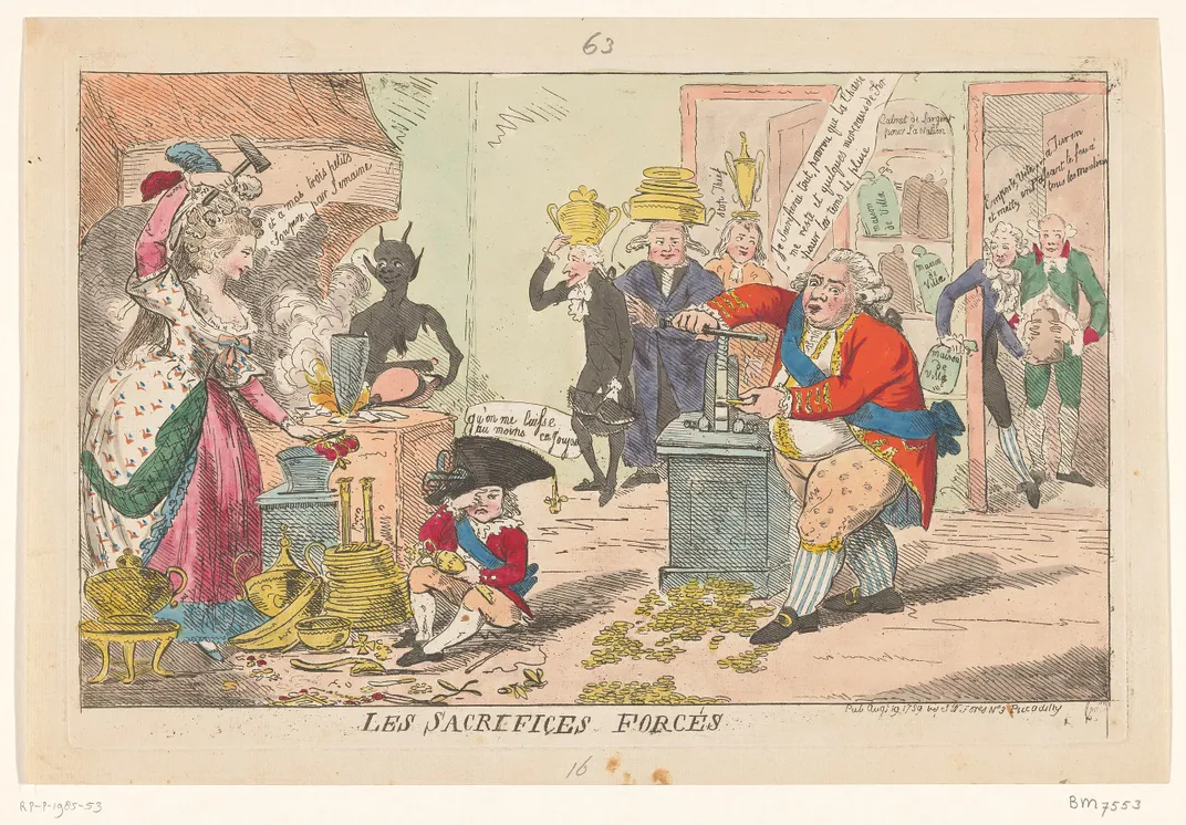 A cartoon depicting Marie Antoinette and Louis XVI melting down gold coins to make furniture