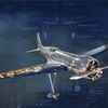 A photo illustration of a three-quarter view of a sliver aircraft with blue wings with blueprint in the background.