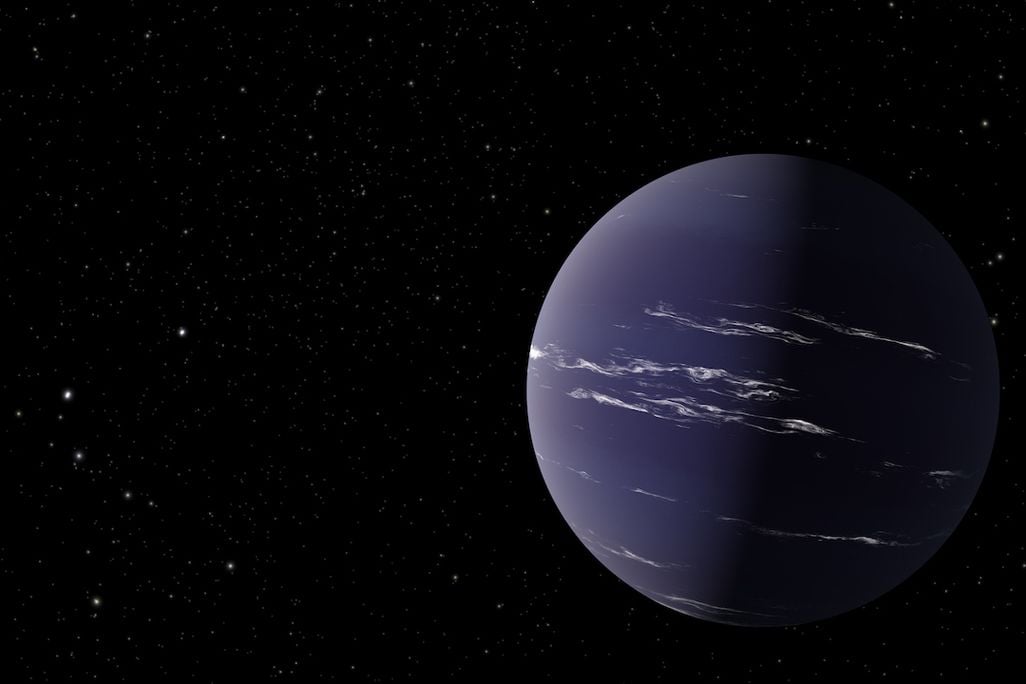 Artist’s rendering of TOI-1231 b, a Neptune-like planet about 90 light-years away from Earth. The planet is colored a purple-blue hue with thin, wispy clouds in its atmosphere.