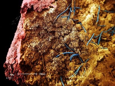 Nematodes (blue) wiggle inside a stalactite from a South African gold mine in this image taken with a microscope.