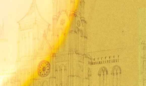 (James Renwick Jr., Sketch of the north tower of the Smithsonian Castle, 1846. Smithsonian Institution Archives. Graphic treatment by Deanna Luu)