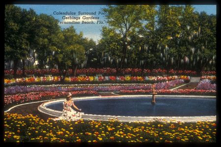 A c. 1945-1947 postcard from Florida's Gerbing Gardens depicts the sunken pool and fountain, framed in marigolds and azaleas.