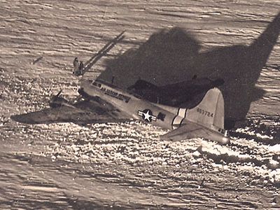 When seven men got stuck in a grim patch of Greenland in 1948, the Air Force sent a B-17 to rescue them, but it got mired in soft snow (top of montage), only worsening the predicament.