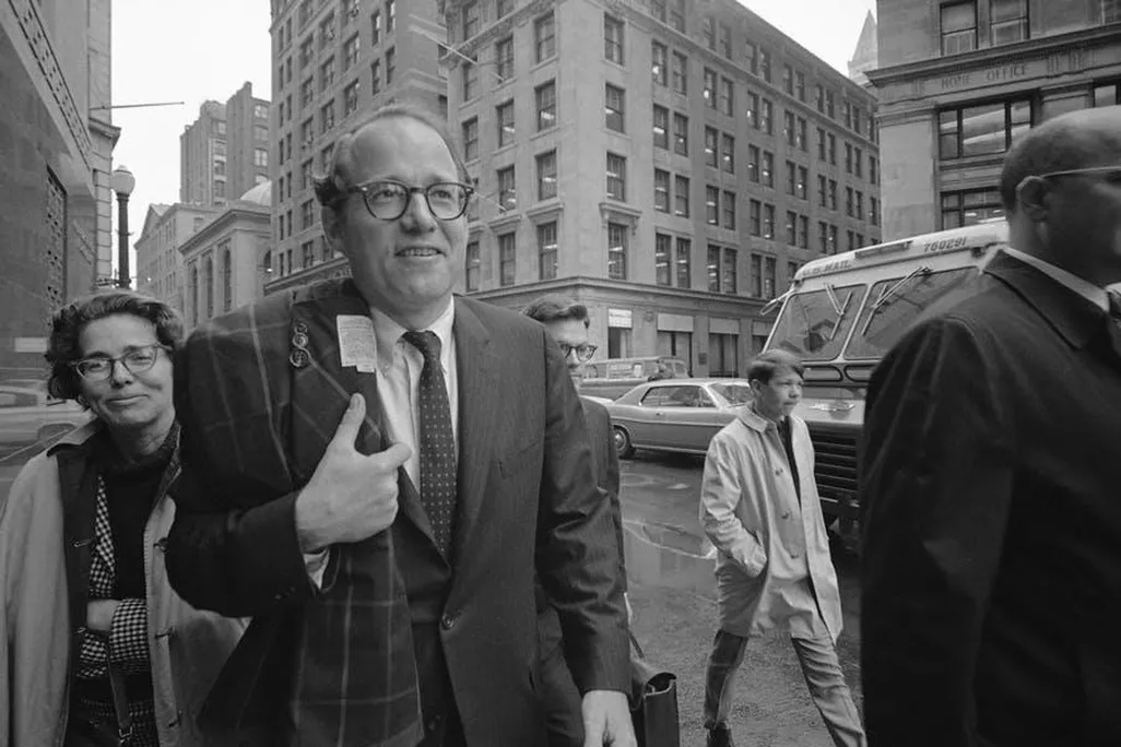 William Sloane Coffin Jr., followed by his sister, arrives at federal building in Boston on May 20, 1968.