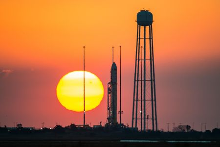 The now non-existent Antares rocket sits on the launch pad at Wallops Flight Facility on October 26, 2014.