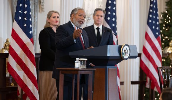 Secretary Lonnie Bunch speaks at the December signing ceremony. Courtesy of Chuck Kennedy / Department of State.