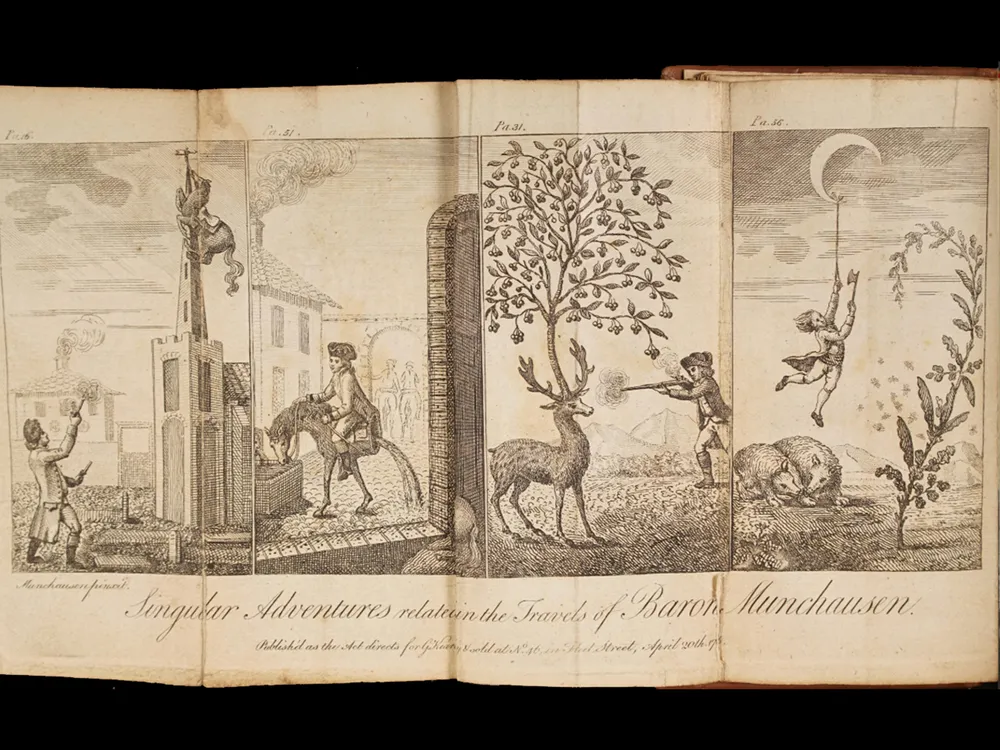 Illustrations from a 1787 edition of Baron Munchausen's adventures