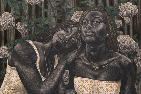 Erin and Anyah With Hydrangeas, LaToya Hobbs, acrylic and decorative paper on carved wood, 2023