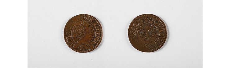 A team of Smithsonian scientists excavating the Hart Chalet site found a double tournois copper coin minted for French King louis XIII in 1634. In pristine condition, it would have looked similar to this 1638 double tournois coin. (Images courtesy of the National Numismatic Collection, National Museum of American History, Smithsonian Institution. Image composite by Anna Torres)