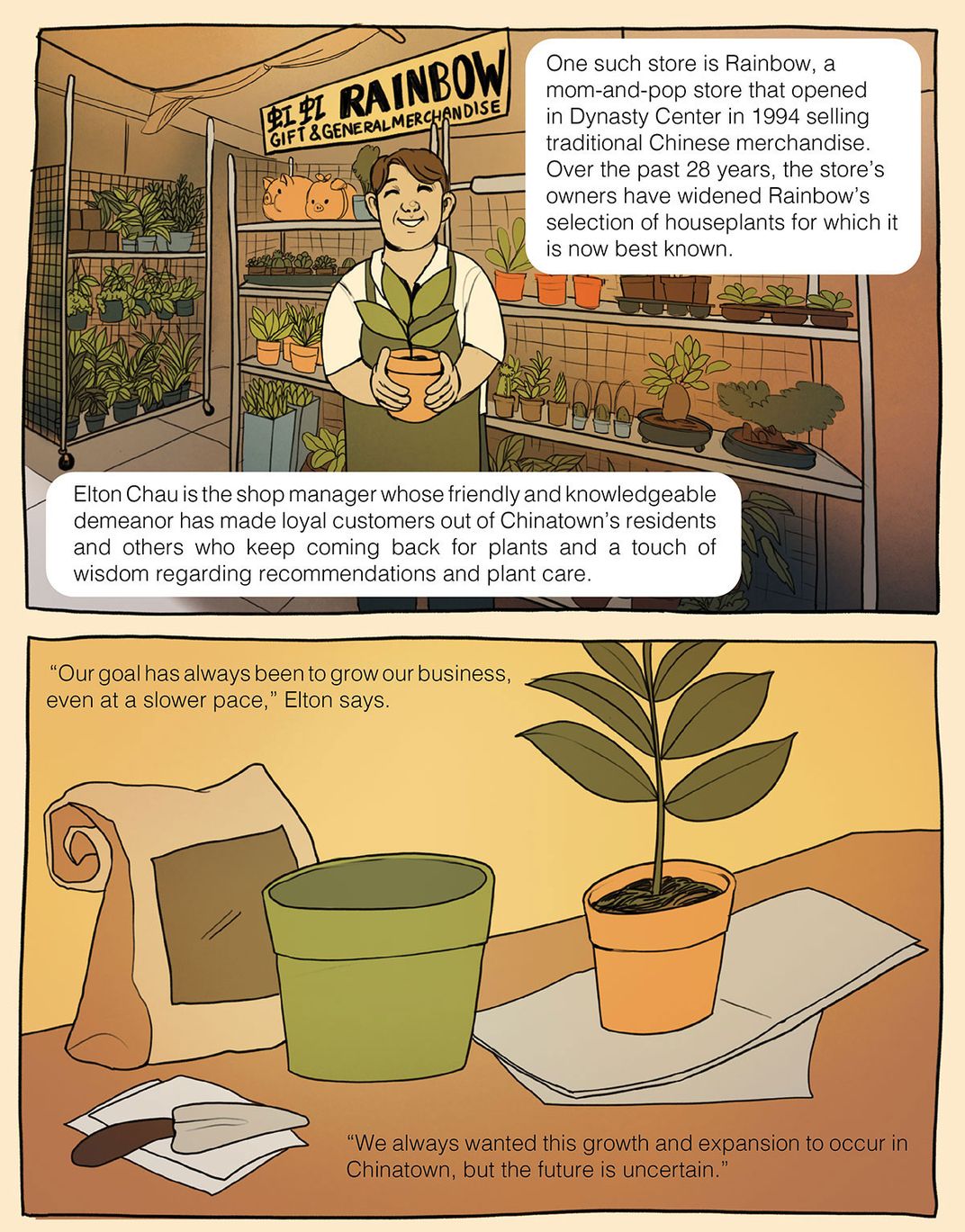 Illustrated comic page. Top panel: storefront view of a plant shop. Shopkeeper Elton is wearing a white shirt and green apron, holding a potted plant. He stands in front of three shelves of houseplants. In the background, a sign reads Rainbow Gifts.