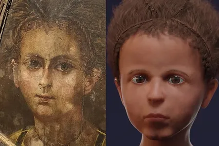 A "mummy portrait" affixed to a 3- to 4-year-old Egyptian boy's mummy (left) and a 3-D facial reconstruction based on the child's bone structure (right)