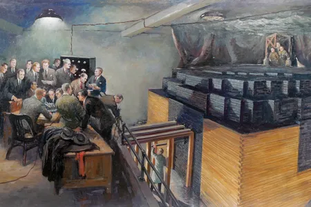 An illustration of Enrico Fermi and other scientists observing the first artificial nuclear reactor.