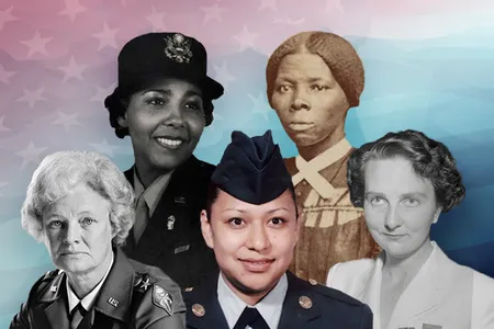 Clockwise from top left: Charity Adams Earley, Harriet Tubman, Edith Nourse Rogers, Lori Piestewa and Mary E. Clarke