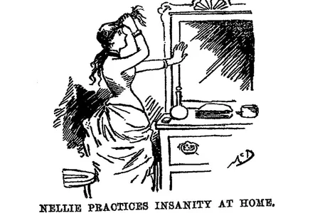 Illustration from Nellie Bly's 1887 book Ten Days in a Mad-House, depicting her practicing feigning insanity. Bly's work was originally published as a 17-part series of articles for the New York World.