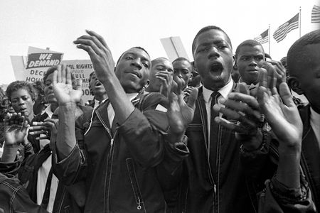 Peaceful protestors march down Constitution Avenue and the National Mall on August 28, 1963.