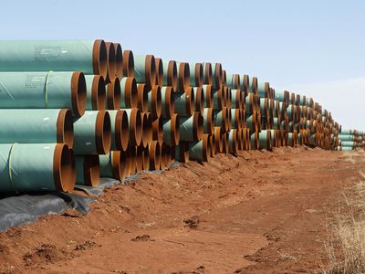 Miles of pipe slated for the Keystone XL stacked in a field near Ripley, Oklahoma after construction stalled in 2012.