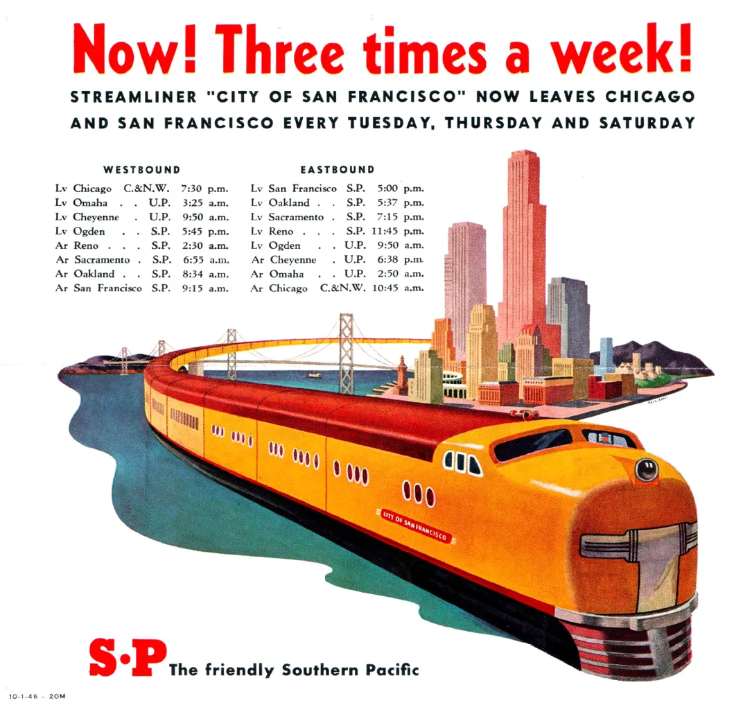 A 1946 advertisement for the City of San Francisco ​​​​​​​streamliner