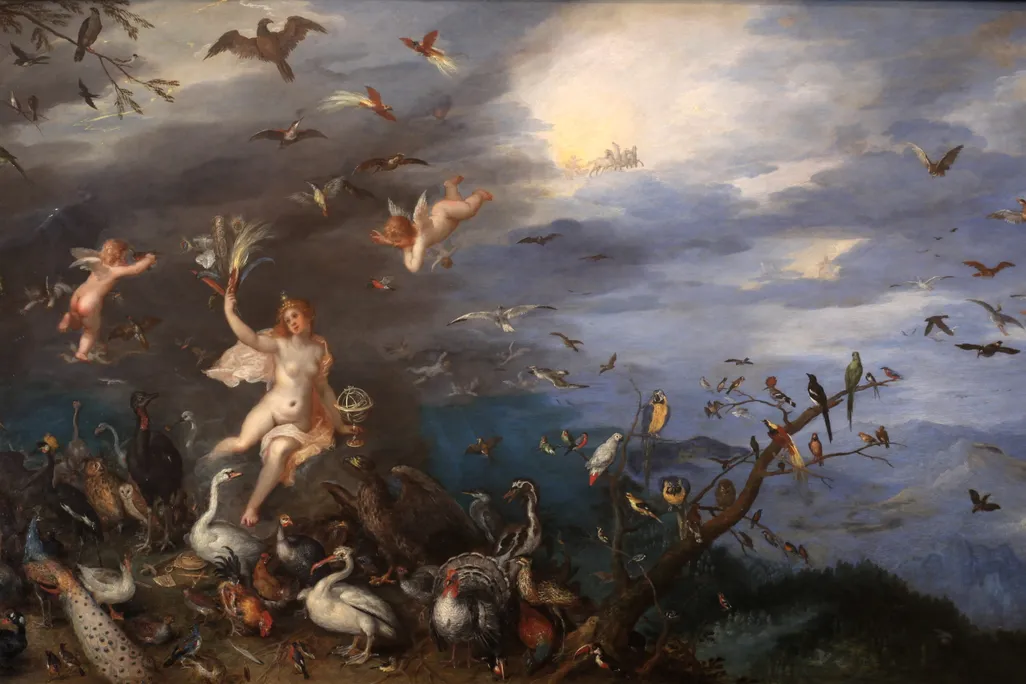 painting of a goddess surrounded by birds and a few bats