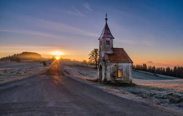 "Coming over" Cold morning sunrise on Pohorje hills, Slovenia. thumbnail