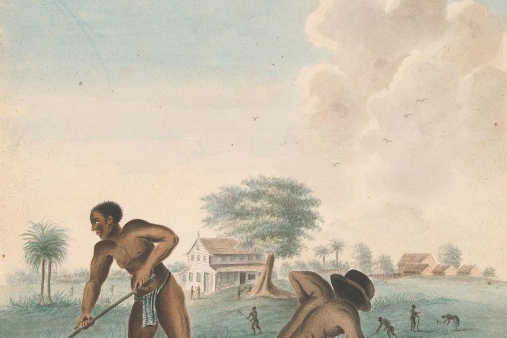 Two dark-skinned men work in a field, heads bent and backs arched, in front of a field, a large white house in the distance and a blue sky with clouds