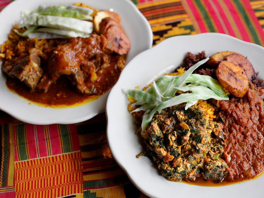 Veggie Sample platter with Wakye rice and Black eyed peas, Jollof rice, spinach with Egusi (Mellon seed) in a tomato-based stew