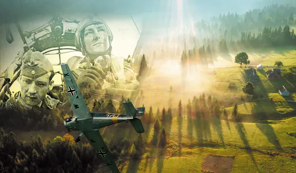 A composite of multiple images. In the background is a landscape of pine trees and fields. Over it in speia tone is an image of pilots in military uniforms. In the foreground is a grey airplane, banked in a turn.