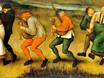 "Dance at Molenbeek," a painting by Pieter Brueghel the Younger (1564-1638) depicts pilgrims dancing to the church at Molenbeek.
