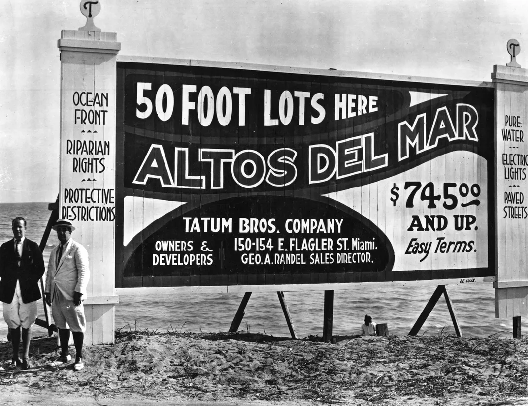 A 1922 billboard promoting property lots for sale in Florida