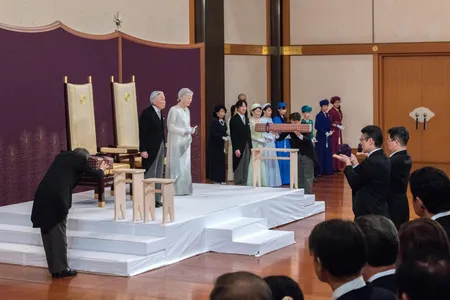 In this handout image provided by Imperial Household Agency, Japanese Emperor Akihito and Empress Michiko attend the abdication ceremony at the Imperial Palace on April 30, 2019 in Tokyo, Japan.