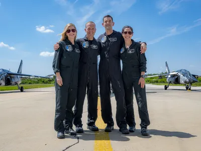 The Polaris Dawn crew at the Kennedy Space Center, from left to right: Anna Menon, Scott Poteet, Jared Isaacman and Sarah Gillis.