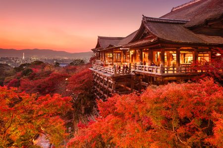 Kiyomizu-dera Temple in Kyoto during the autumn season at dusk,