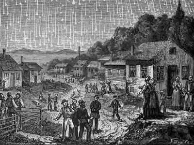 A depiction of the 1833 Leonids,&nbsp;based on a first-person account of the 1833 storm by a minister, Joseph Harvey Waggoner, on his way from Florida to New Orleans.