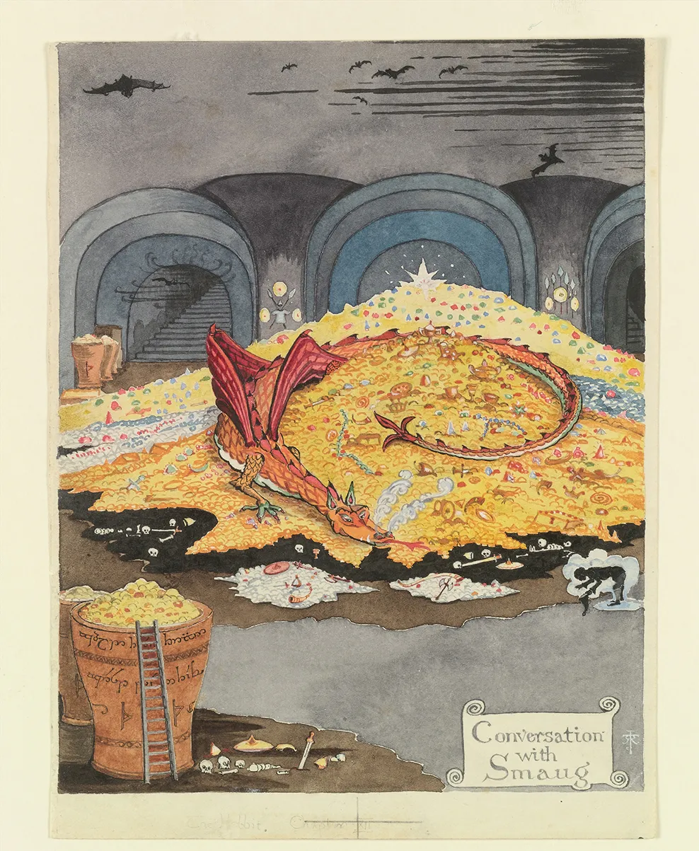 A red and orange dragon twines around a huge pile of treasure in a dark hall