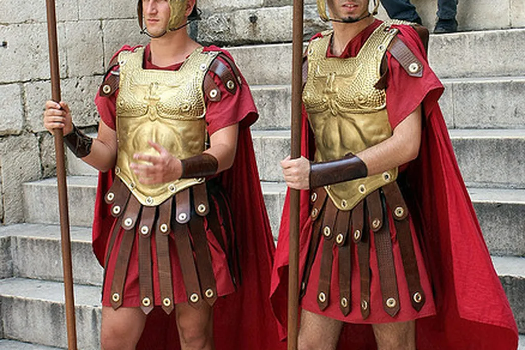 Two men reenact Roman military life in Split, Croatia.