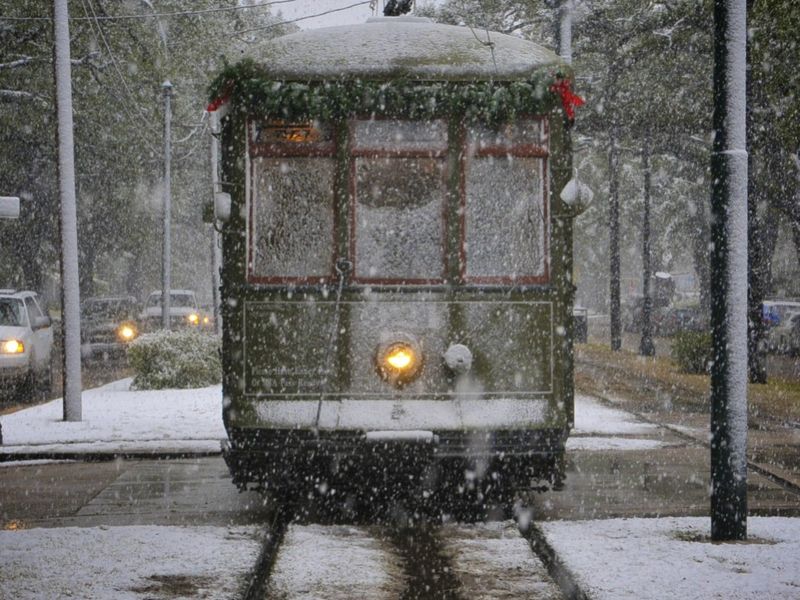 New Orleans street car after fresh and rare snowfall. Smithsonian
