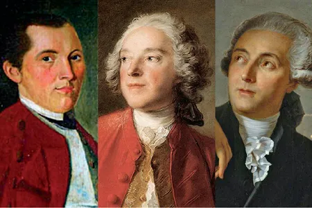 Silas Deane, left, worked with Pierre-Augustin Caron de Beaumarchais, center, to secure gunpowder from Antoine Lavoisier, right.&nbsp;