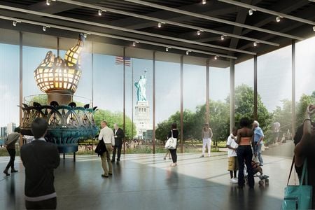 A rendering of the lobby of the Statue of Liberty Museum, featuring the statue's original torch