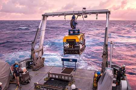 The Schmidt Ocean Institute’s submersible SuBastian, which was responsible for several discoveries in 2020, is retrieved from the water.