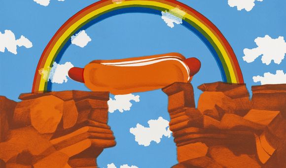 Bright print showing a hot dog bridge under a rainbow.