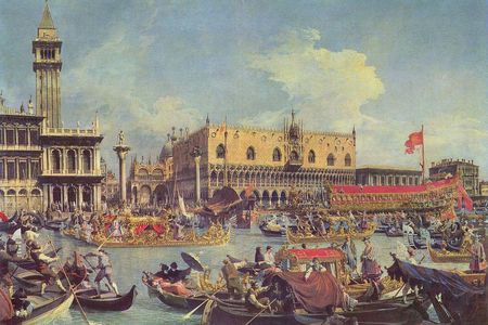 The doge's barge, called the Bucentaur, returning to Venice after the "wedding" ceremony. This painting is by eighteenth-century Venetian artist Giovanni Antonio Canal, known as Canaletto.