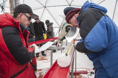 Researchers extracting an ice core from the Guliya Ice Cap in the Tibetan Plateau in 2015.