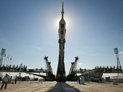 The Soyuz TMA-02M spacecraft is raised into vertical position at the launch pad at the Baikonur Cosmodrome in Kazakhstan, Sunday, June 5, 2011. The rocket is being prepared for launch June 8 to carry the crew of Expedition 28 to the International Space Station.  Photo Credit:  (NASA/Carla Cioffi)